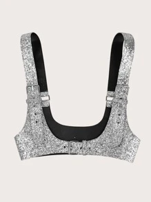 1pc Women's Backless Design Waistcoat Belt With Silver Beaded Shiny Decoration, Personalized Waist Cincher - Silver - View 2