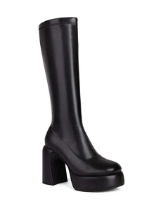 女士彈力高筒靴,圓頭厚跟平台中筒防水短靴 - 黑色 - 查看 9