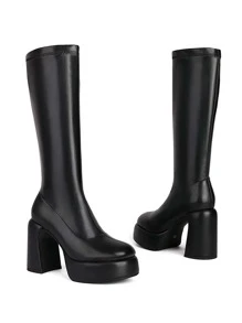 女士彈力高筒靴,圓頭厚跟平台中筒防水短靴 - 黑色 - 查看 8