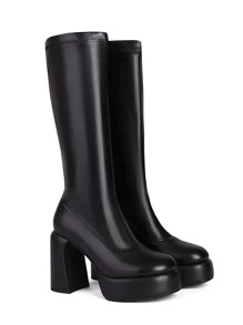 女士彈力高筒靴,圓頭厚跟平台中筒防水短靴 - 黑色 - 查看 7
