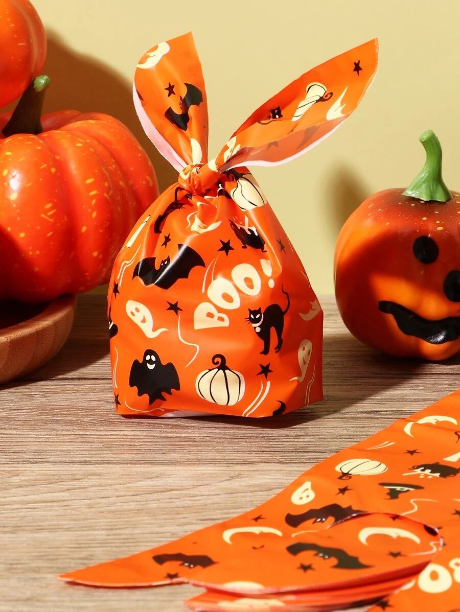 50pcs Halloween Pumpkin & Rabbit Ear Design Packaging Bags For Baking Cookies