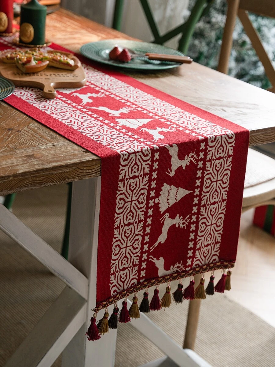 1 件流苏流苏桌旗，适合圣诞节餐桌装饰 - 紅色 - 查看 1