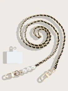 1個黑色金屬手機掛繩斜橫背包,1個黑色金條與金珠設計的防丟手機斜橫背包鏈