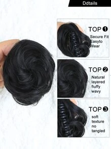 2入組爪夾合成直髮髻彈性髮圈髮型丸，女用黑色夾式合成髮丸馬尾髮片 - 黑色 - 查看 8