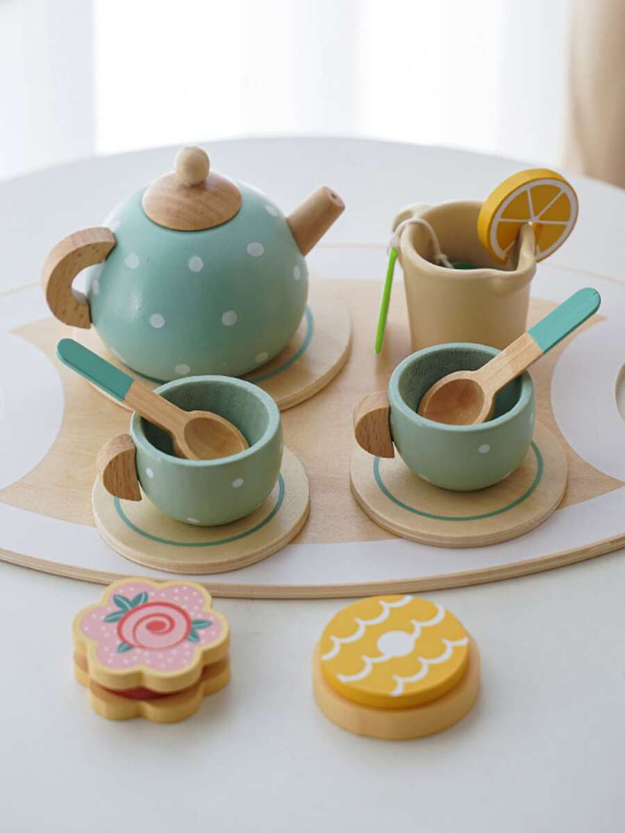 1套的木頭孩子們的過家家套裝,下午甜品模擬茶壺餐具套裝是至嬰兒社會溝通能力