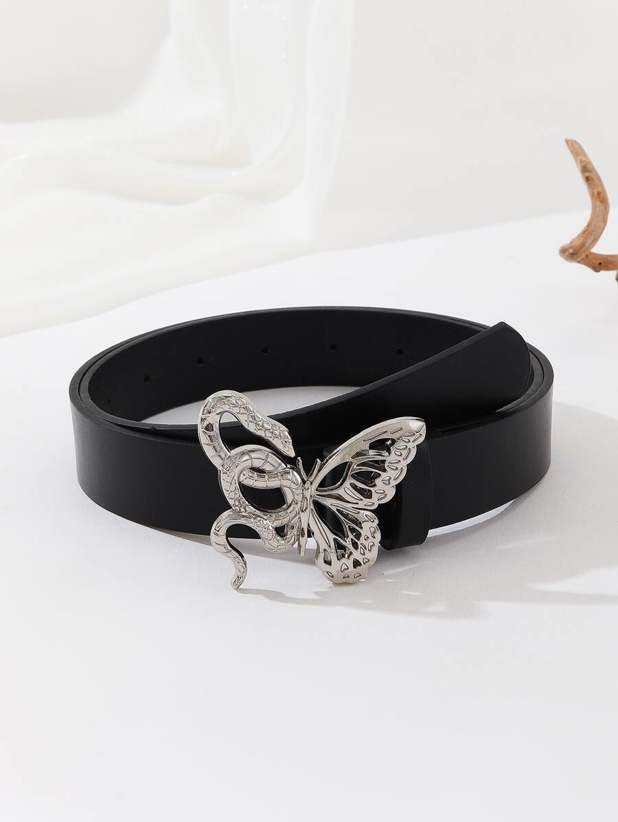 Street 1pc Women's Butterfly & Snake Element Double Buckle Belt For Commuting And Matching Jeans Skirt, All-Match Basic Style Summer, School Fall, Autumn, Halloween - Black - View 1