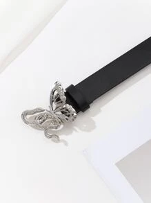 Street 1pc Women's Butterfly & Snake Element Double Buckle Belt For Commuting And Matching Jeans Skirt, All-Match Basic Style Summer, School Fall, Autumn, Halloween - Black - View 2