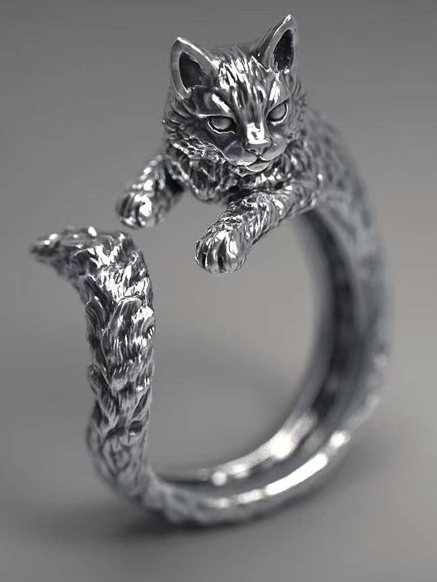 Fashionable Vintage Black Cat Shaped Ring, Unisex, Adjustable