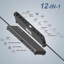 USB C 12 合 1 集线器/扩展坞，三重显示 Type-C 集线器，带 HDMI、显示端口和 VGA、以太网、MicroSD 和 SD 卡读卡器、3.5 毫米音频插孔以及 2 个 USB 3.0 和 2 个 USB2.0 端口，适用于 Windows/等 - 黑色 - 查看 1