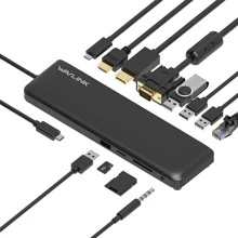 USB C 12 合 1 集线器/扩展坞，三重显示 Type-C 集线器，带 HDMI、显示端口和 VGA、以太网、MicroSD 和 SD 卡读卡器、3.5 毫米音频插孔以及 2 个 USB 3.0 和 2 个 USB2.0 端口，适用于 Windows/等 - 黑色 - 查看 7