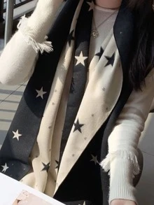 Pañuelo negro de moda de mujeres con grande con pequeño estrellas, cálido vida suministrar - Negro - Ver 2