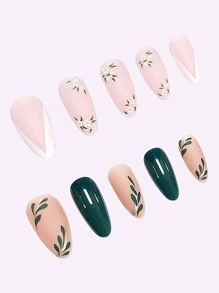 Juego De 48 Uñas Postizas De Moda De Estilo Simple Con Forma De Gota De Agua De Longitud Media (2 Cajas) Que Incluyen Blanco, Estilo Francés, Flores Pequeñas, Hojas Verdes, Hojas Verde Oscuro, Líneas Doradas, Acabado Mate, Ideal Para Fiestas, Bailes, Uso Diario - Multicolor - Ver 3