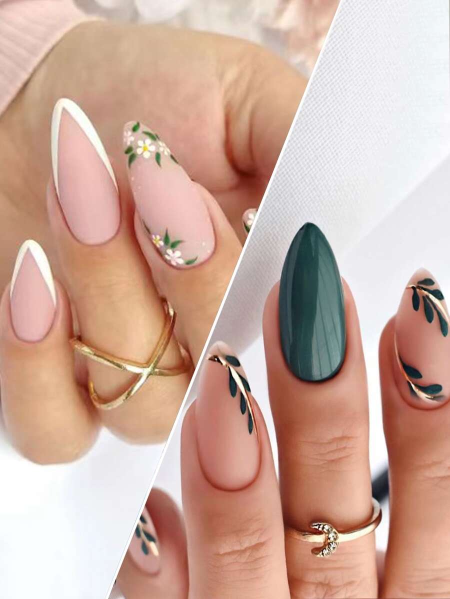 Juego De 48 Uñas Postizas De Moda De Estilo Simple Con Forma De Gota De Agua De Longitud Media (2 Cajas) Que Incluyen Blanco, Estilo Francés, Flores Pequeñas, Hojas Verdes, Hojas Verde Oscuro, Líneas Doradas, Acabado Mate, Ideal Para Fiestas, Bailes, Uso Diario - Multicolor - Ver 1