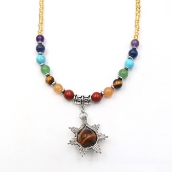 Tiger Eye Stone & Seven Colorful Beads Sun Shaped Pendant Necklace
