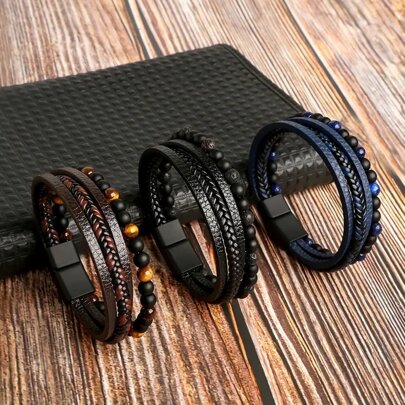 Pulsera de hombres hecho a mano trenzado natural obsidiana rosario, piedra preciosa con muñequera