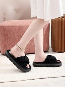 Hàng Mới Về Màu Đen Phong Cách Đơn Giản Nữ Thu Đông Dép Đi Trong Nhà Có Quai Đeo Chéo Và Đáy Lanh, Mềm Mại Và Thoải Mái - màu đen - Xem 5