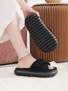 Hàng Mới Về Màu Đen Phong Cách Đơn Giản Nữ Thu Đông Dép Đi Trong Nhà Có Quai Đeo Chéo Và Đáy Lanh, Mềm Mại Và Thoải Mái - màu đen - Xem 7