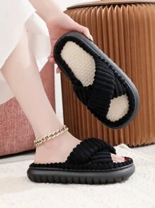 Hàng Mới Về Màu Đen Phong Cách Đơn Giản Nữ Thu Đông Dép Đi Trong Nhà Có Quai Đeo Chéo Và Đáy Lanh, Mềm Mại Và Thoải Mái - màu đen - Xem 1