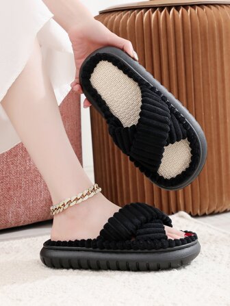 新款黑色簡約女式秋冬居家拖鞋交叉帶亞麻底柔軟舒適