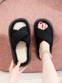 Hàng Mới Về Màu Đen Phong Cách Đơn Giản Nữ Thu Đông Dép Đi Trong Nhà Có Quai Đeo Chéo Và Đáy Lanh, Mềm Mại Và Thoải Mái - màu đen - Xem 2