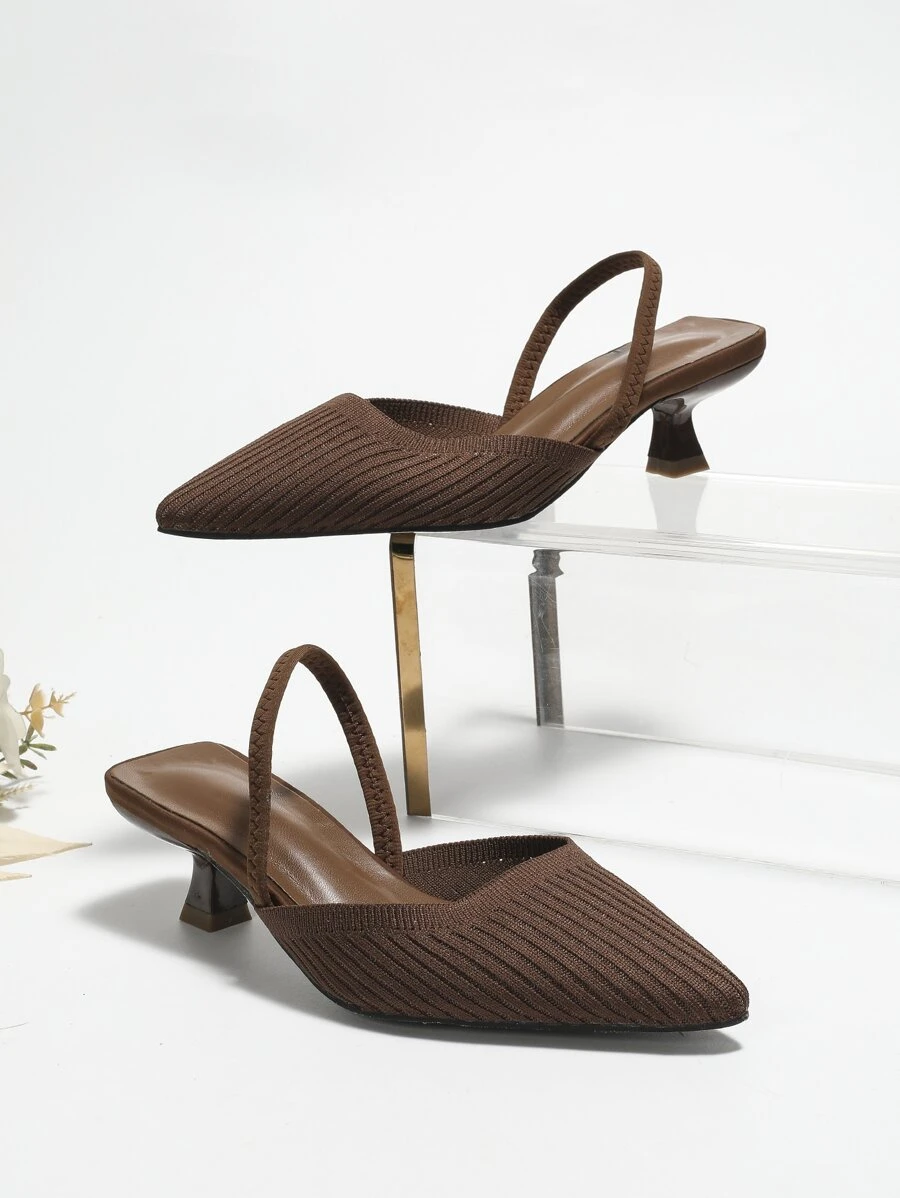 時尚新款指尖高跟鞋,後面帶有彈性皮帶 - 棕色 - 查看 1