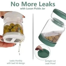 Luvan 34oz Glass Pickles Jar With Lid Strainer Flip Wet And Dry Kimchi Jug Airtight Kimchi Separator For Olives Jalapenos Cucumber Beets Leakproof Kitchen Storage Dashwasher Safe 1000ml - 墨綠色 - 查看 7