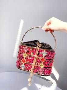 Khung kim loại & Long lanh & Đồ trang trí Rhinestone Tối Túi xach tay , Hoàn hảo Đối với Các bữa tiệc - Màu Hồng Tươi - Xem 3