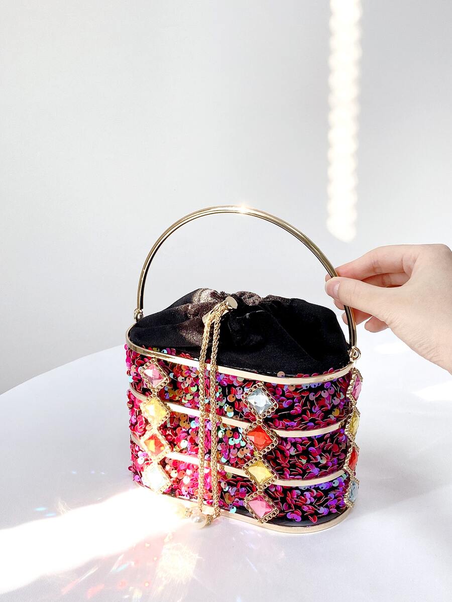 Khung kim loại & Long lanh & Đồ trang trí Rhinestone Tối Túi xach tay , Hoàn hảo Đối với Các bữa tiệc - Màu Hồng Tươi - Xem 1