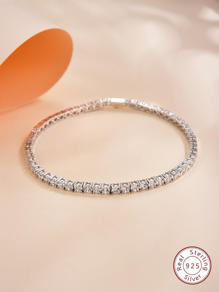 1pc 3mm Top Quality Hip Hop Four Claw Round Cut Moissanite Diamond Tennis Chain Bracelet In White Gold S925 Sterling Silver Shining Light Luxury And High-End Exquisite Bracelet Fine Jewelry Gifts For Girls - 16.5cm - View 1