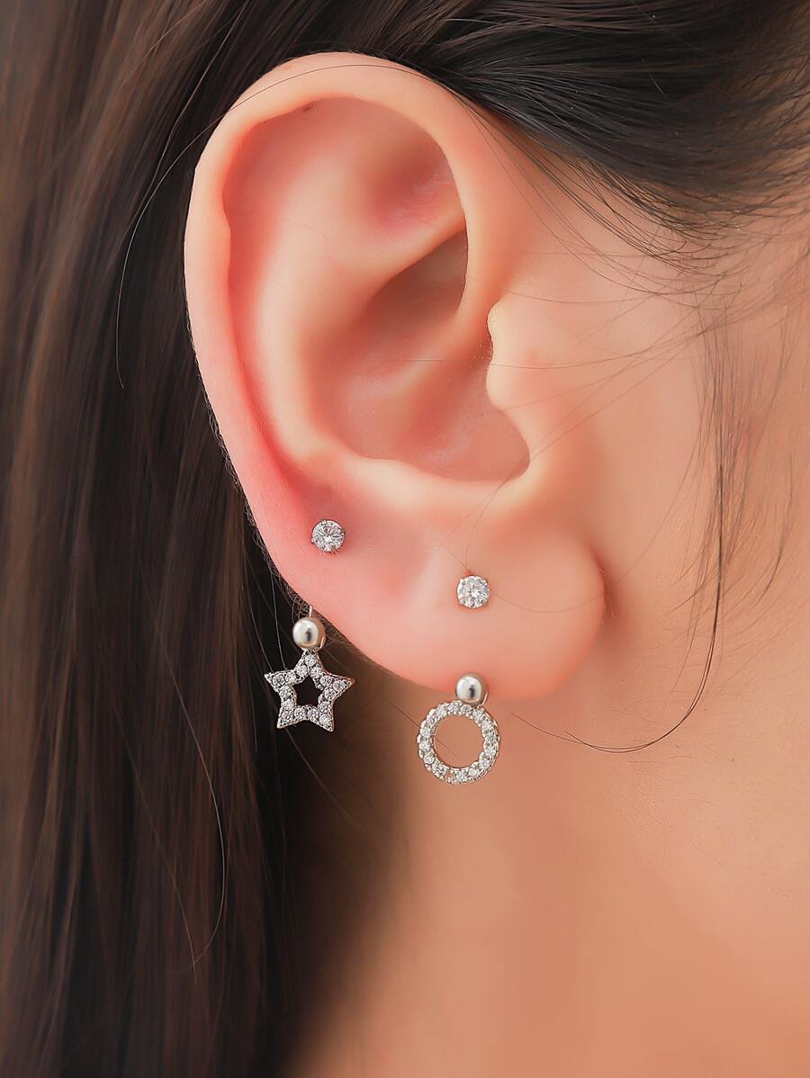 2 Miếng Thép không gỉ Hình chữ C Hoa tai Với Zirconia , Đối với phụ nữ , - Bạc - Xem 1