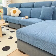 1 Vỏ bọc ghế sofa họa tiết lá chống thấm nước bằng vải Jacquard, Vỏ bọc ghế sofa bằng sợi Polyester có độ đàn hồi cao cho ghế sofa 1/2/3/4 chỗ ngồi, Chân váy sofa chống bẩn, chống trầy xước có họa tiết lá - Màu xanh lam - Xem 5