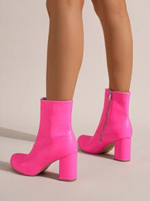 2023年新款女式冬靴,歐美風格圓頭側拉鍊短筒靴,厚跟中跟 - 玫紅色 - 查看 5