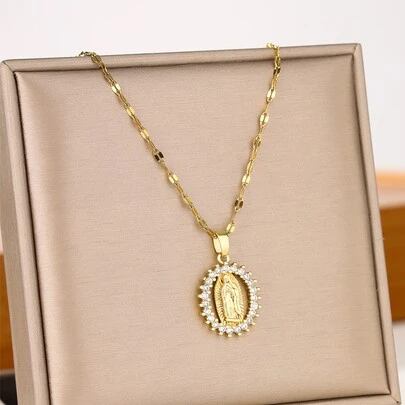 1 pieza Colgante de Virgen María con circonita cúbica micro-incrustada en forma elíptica, de acero inoxidable, accesorio religioso simple adecuado para mujeres, boda, fiesta, uso diario. Regalo de joyería para mamá