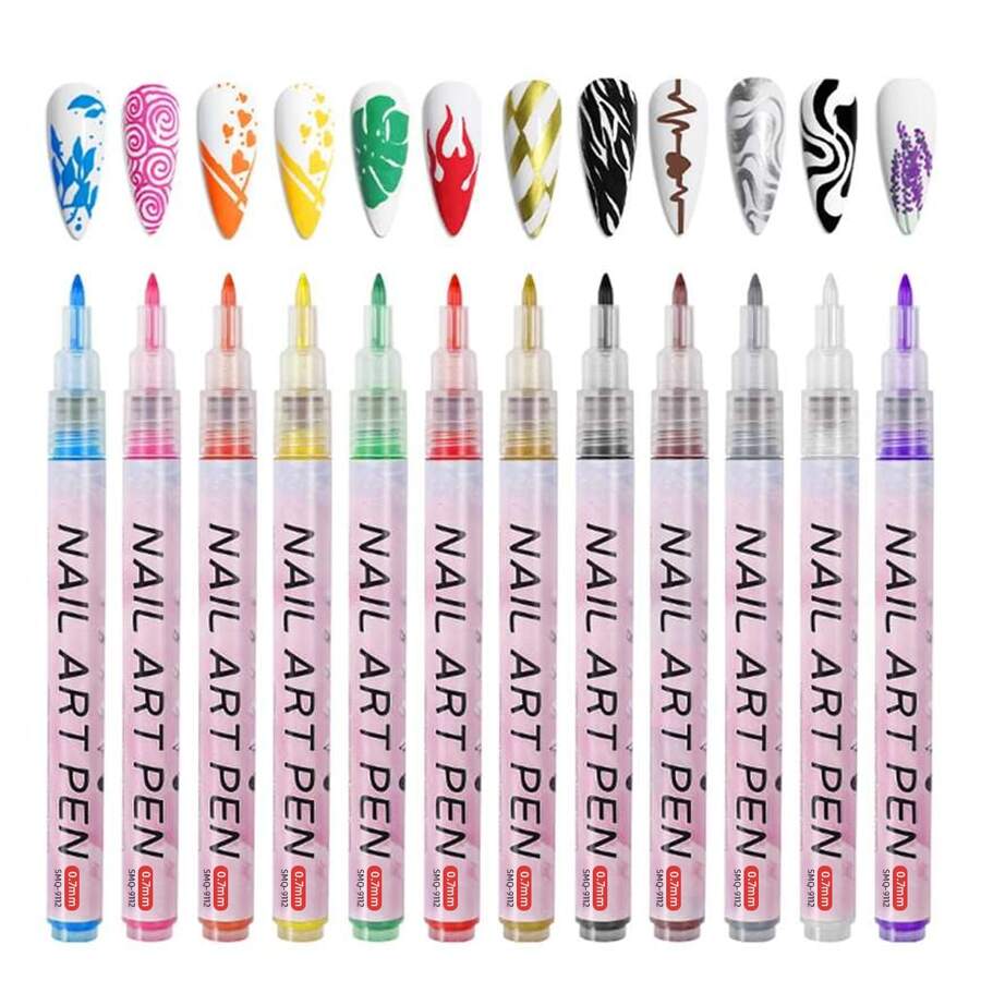美甲塗鴉筆套裝，12 件裝指甲彩繪記號筆霓虹燈快乾美甲繪畫筆 DIY 抽象線條筆美甲美甲沙龍用品 - 彩色 - 查看 1
