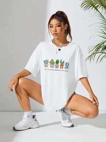 Cactus T-Shirt With Slogan Print - White - View 5