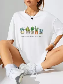 Cactus T-Shirt With Slogan Print - White - View 4