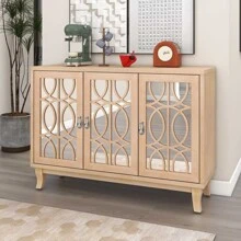 MERAX Sideboard With Glass Doors, 3 Door Mirrored Buffet Cabinet With Silver Handle For Living Room, Hallway, Dining Room - Rửa gỗ tự nhiên - Xem 1