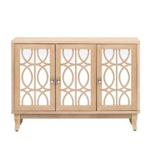 MERAX Sideboard With Glass Doors, 3 Door Mirrored Buffet Cabinet With Silver Handle For Living Room, Hallway, Dining Room - Rửa gỗ tự nhiên - Xem 7