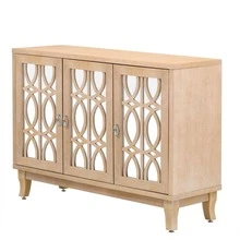 MERAX Sideboard With Glass Doors, 3 Door Mirrored Buffet Cabinet With Silver Handle For Living Room, Hallway, Dining Room - Rửa gỗ tự nhiên - Xem 8