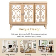 MERAX Sideboard With Glass Doors, 3 Door Mirrored Buffet Cabinet With Silver Handle For Living Room, Hallway, Dining Room - Rửa gỗ tự nhiên - Xem 2