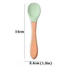 嬰兒矽膠碗&勺子套裝,木柄矽膠湯匙,孩子們的吸碗 - 綠色 - 查看 5