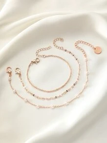 3pcs Simple & Elegant Rose Gold-Tone Faux Pearl Chain Bracelet Set For Women, Daily Wear, Party, Wedding Valentines,Mom,Mother,Mother's Day,Gift - Rose Gold - View 2