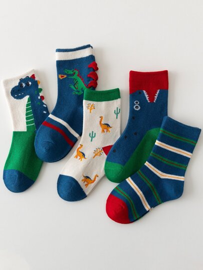 5 Pairs Kids Cartoon Big Eye Dinosaur Mid-Calf Socks, Suitable For Spring, Autumn, All Seasons, Size 1-2, 2-3, 3-8, 8-12 Years Old