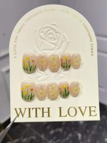 10pcs Short Square Shape Graphic Design Diy False Nails With Removable Adhesive And Nail File (1 Jelly Gel Slice And 1 Sanding Strip Included) - Multicolor - View 1