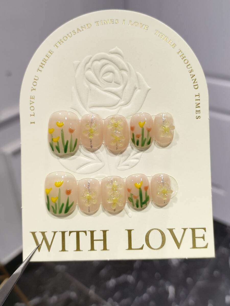 10pcs Short Square Shape Graphic Design Diy False Nails With Removable Adhesive And Nail File (1 Jelly Gel Slice And 1 Sanding Strip Included) - Multicolor - View 1