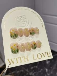 10pcs Short Square Shape Graphic Design Diy False Nails With Removable Adhesive And Nail File (1 Jelly Gel Slice And 1 Sanding Strip Included) - Multicolor - View 3