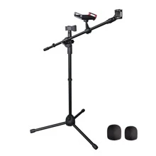 AW Microphone Boom Arm Stand W/ Dual Mic Clips Adjustable Tripod Phone Mount Holder - 黑色 - 查看 1