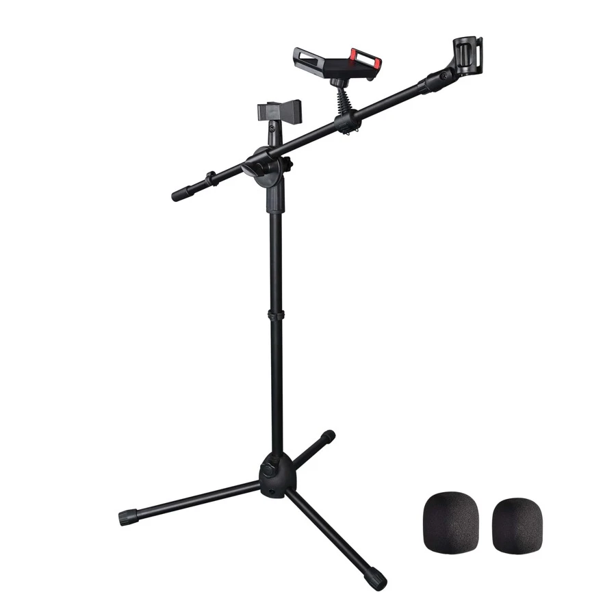 AW Microphone Boom Arm Stand W/ Dual Mic Clips Adjustable Tripod Phone Mount Holder - 黑色 - 查看 1