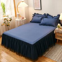 1pc Close-fitting Solid Color Brushed Bed Skirt, Blue - Navy Blue - View 1