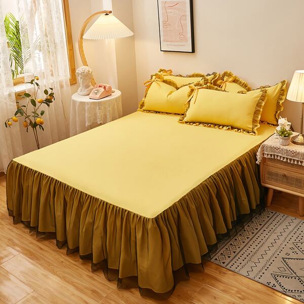 1pc Skin-friendly Solid Color Brushed Bed Skirt, Pleasure Yellow
